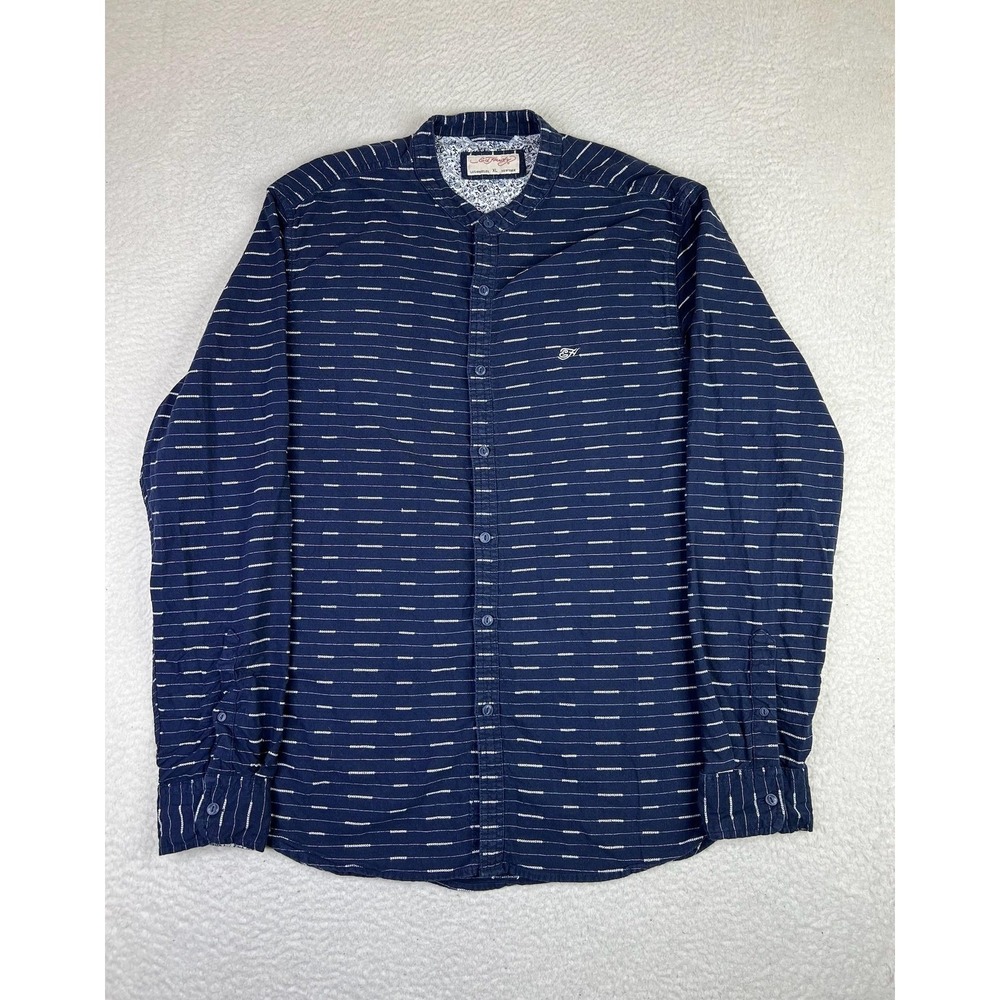 Ed Hardy Shirt Mens XL Blue Striped Cotton Long Sleeve Button Up Casual
